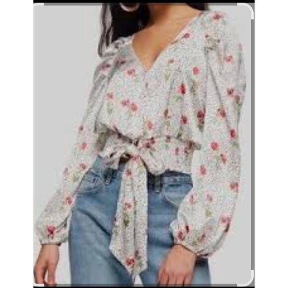 Topshop Satin Polka Dot Floral Tie-Waist Balloon Sleeve Blouse Top White Red 12 - Picture 1 of 6